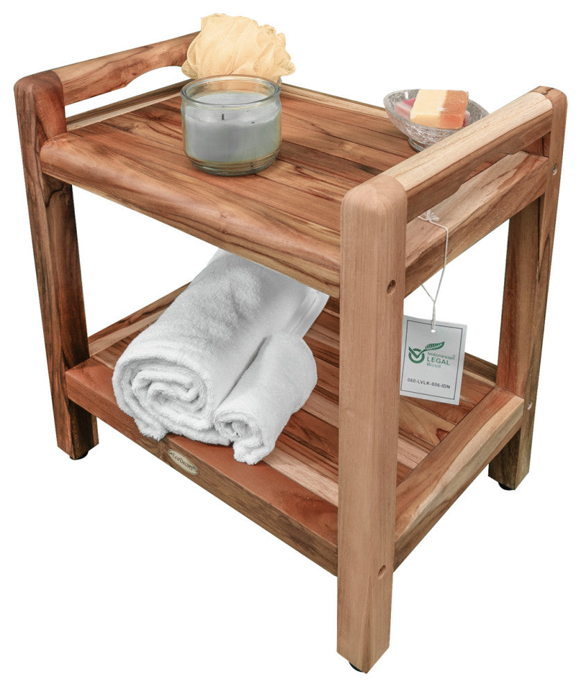 EcoDecors EarthyTeak Classic Shower Bench, Shelf and LiftAide Arms, 18"