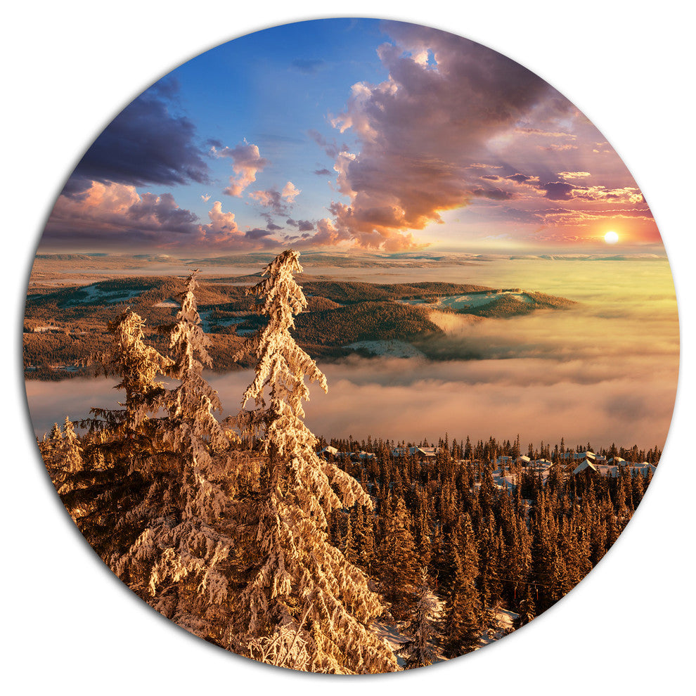 Beautiful Jungle With Fog At Sunset, Landscape Disc Metal Wall Art, 11"