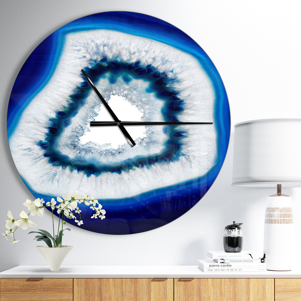 Slice of Blue Agate Crystal Oversized Modern Metal Clock, 23"x23"