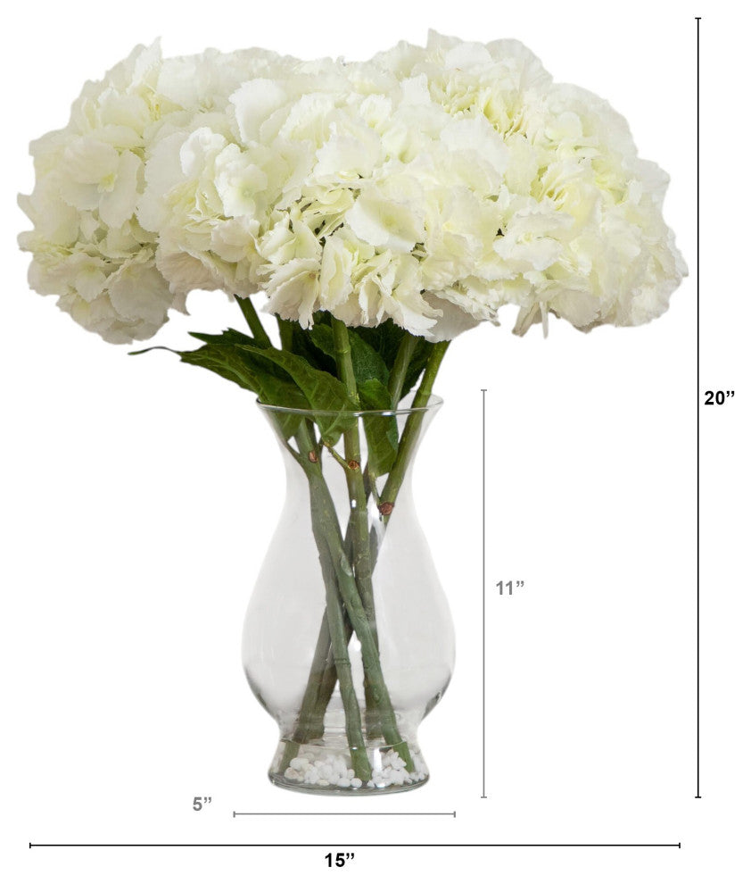 20" Artificial Hydrangea Arrangement, Glass Vase, White