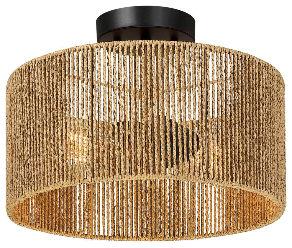 14" W 2-Light Woven Rope Drum Semi-Flush Mount Ceiling Light, Natural