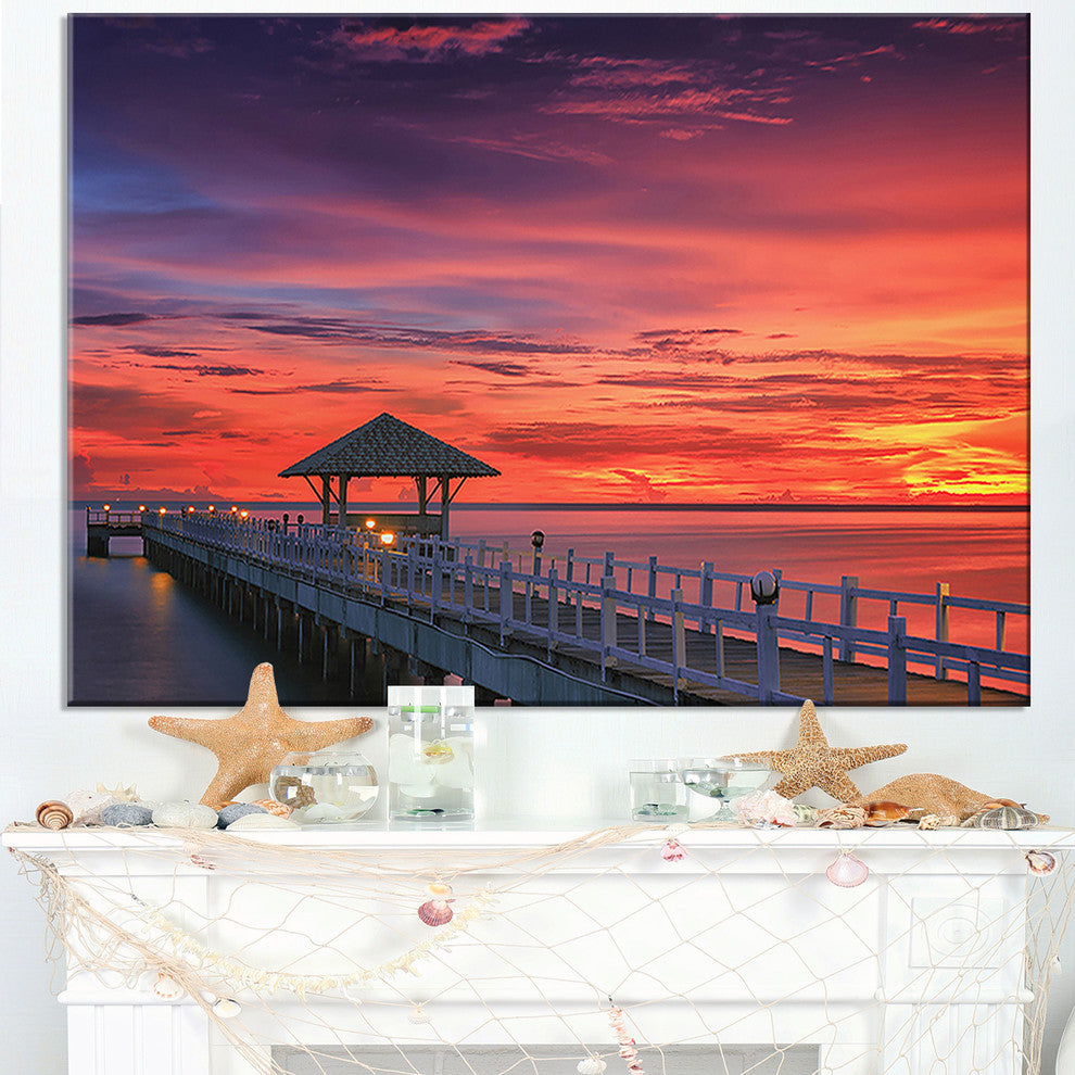 "Long Wooden Bridge And Colorful Sky" Sea Bridge Wall Artwork, 40"x30"