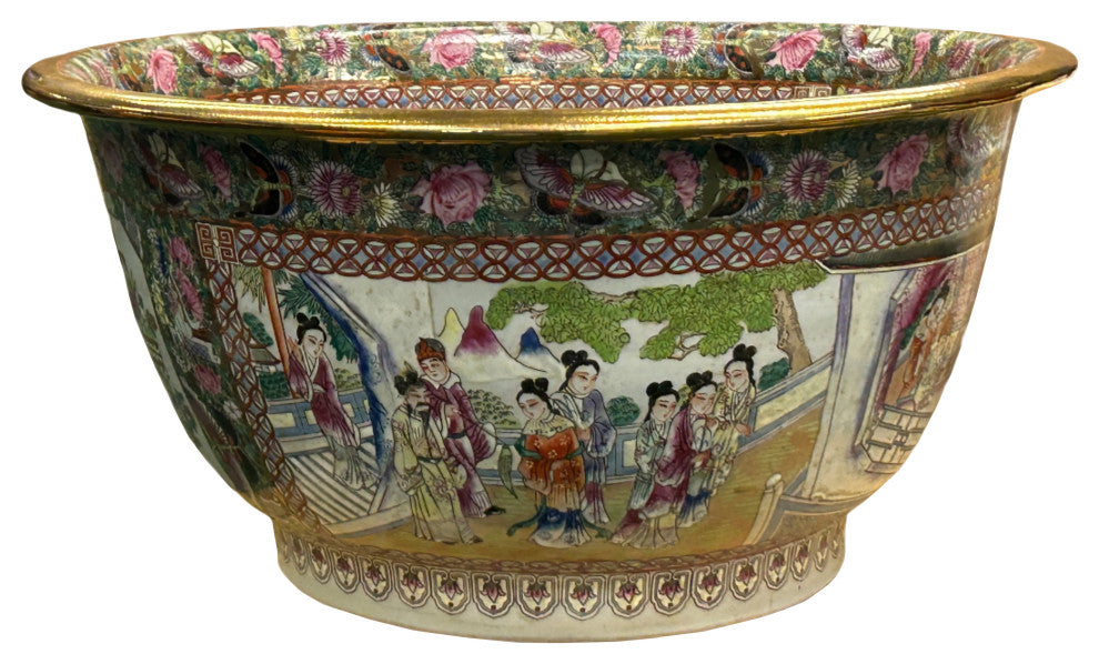 Vintage Chinese Famille Rose People House Graphic Porcelain Bowl Pot Hws4349