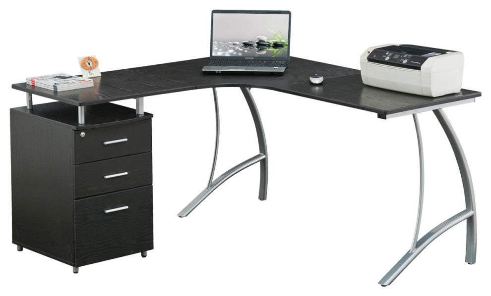 Techni Mobili L-Shape Corner Desk With File Cabinet