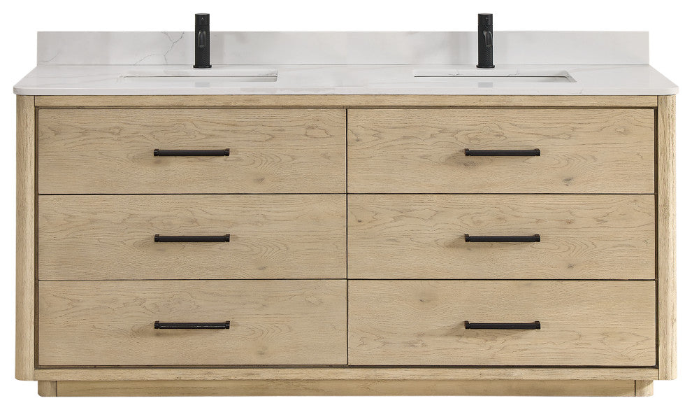 Porto Bath Vanity with White Quartz Stone Top, Natural Oak, 72 in., No Mirror