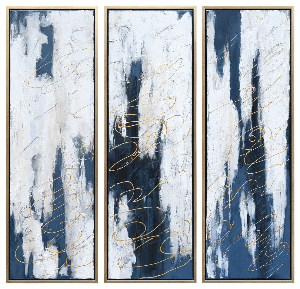 Blue Abstract Triptych Set Textured Metallic Hand Painted Wall Art
