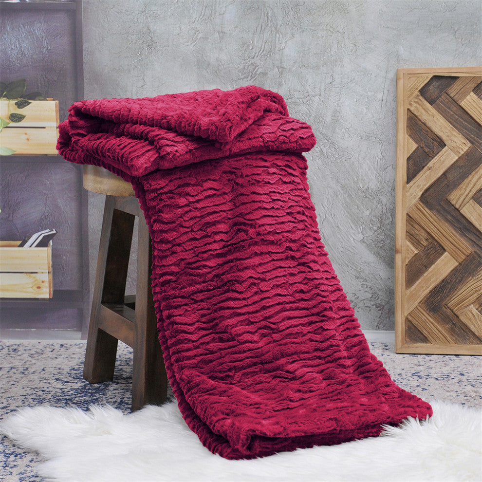 Air Brushed Colleen Oversized Faux Fur Throw Blanket, Burgundy, 60x70