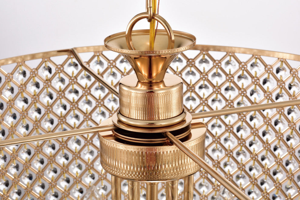 6-Light Gold Round Beaded Drum Chandelier With Hanging Crystals