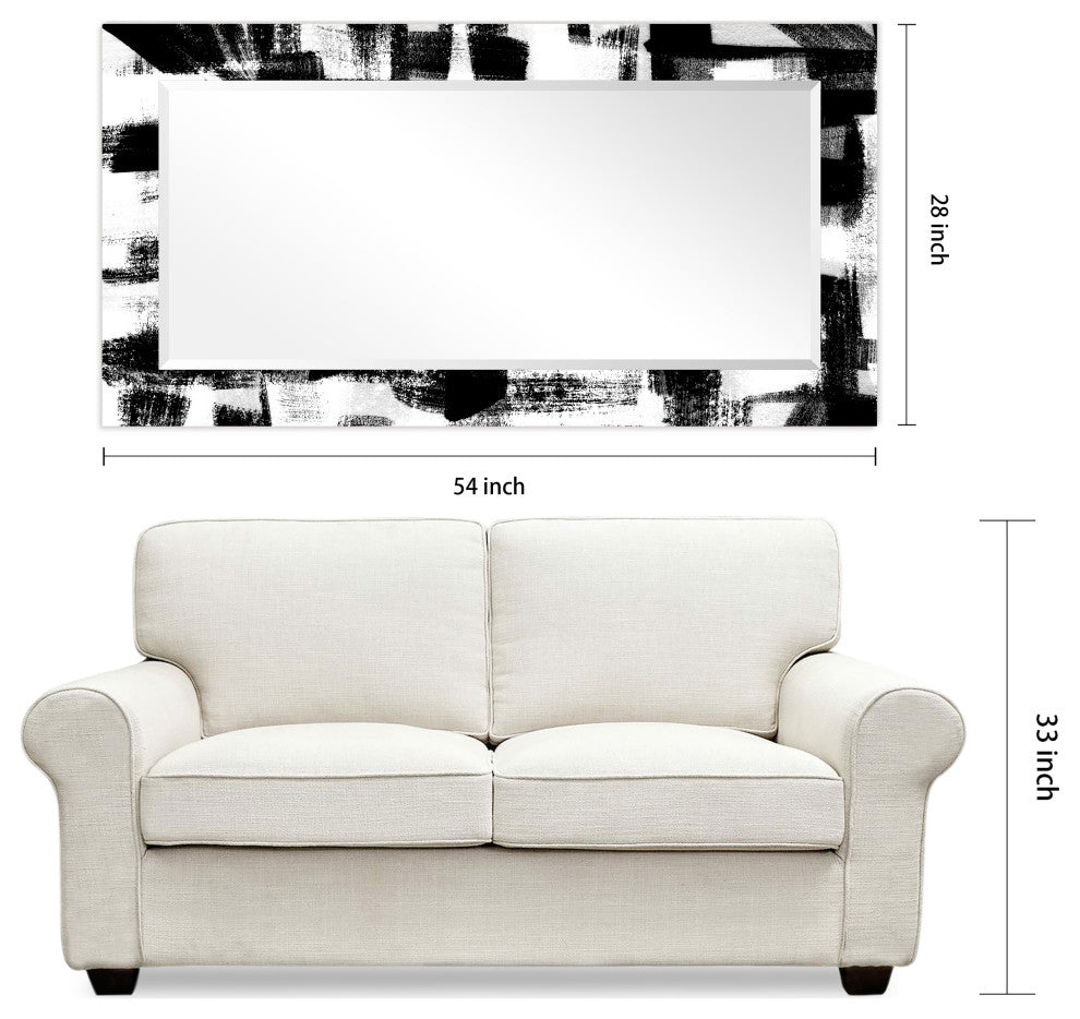 Black and WhiteBeveled Mirror on Printed Abstarct Tempered Art Glass, 54x28"