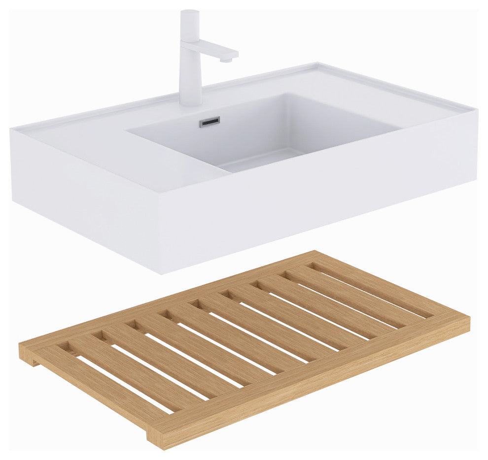 Wall-Mounted Bathroom Vanity With White Rectangular Acrylic Integrated Basin, 30"