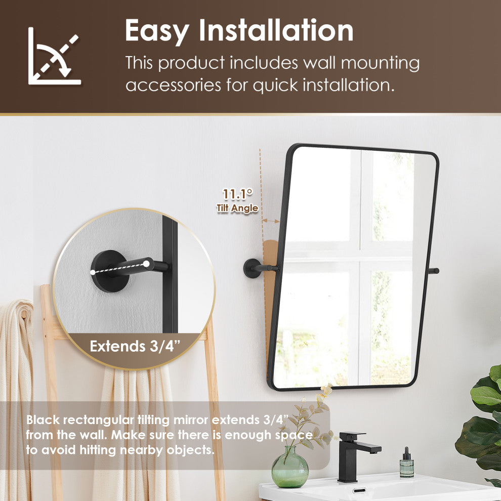 Dieux Rectangular Framed, Matte Black Bathroom Pivot Wall Mirror