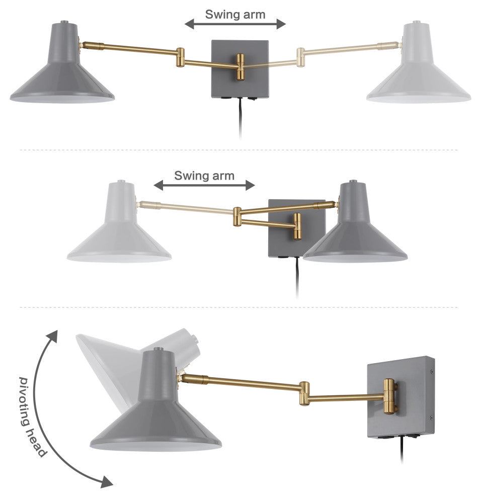 Hygge Swing Arm 1-Light Modern Midcentury Iron USB Charging Port LED Sconce, Gra