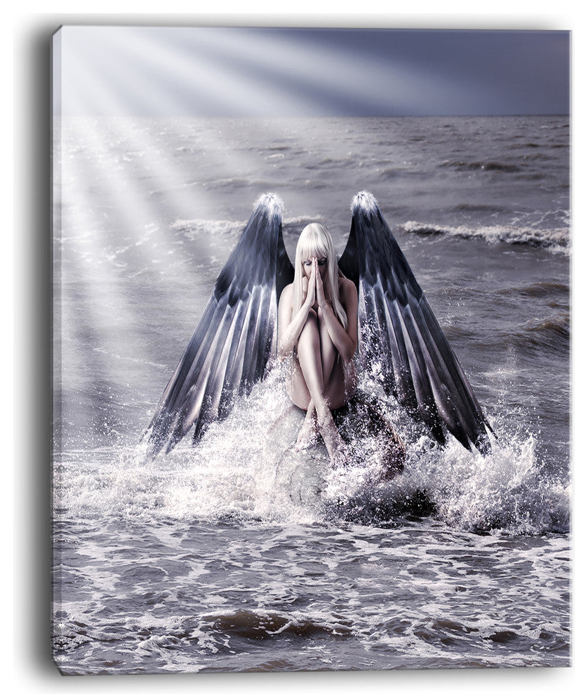 "Woman With Dark Angel Wings" Modern Beach Canvas Art Print, 12"x20"