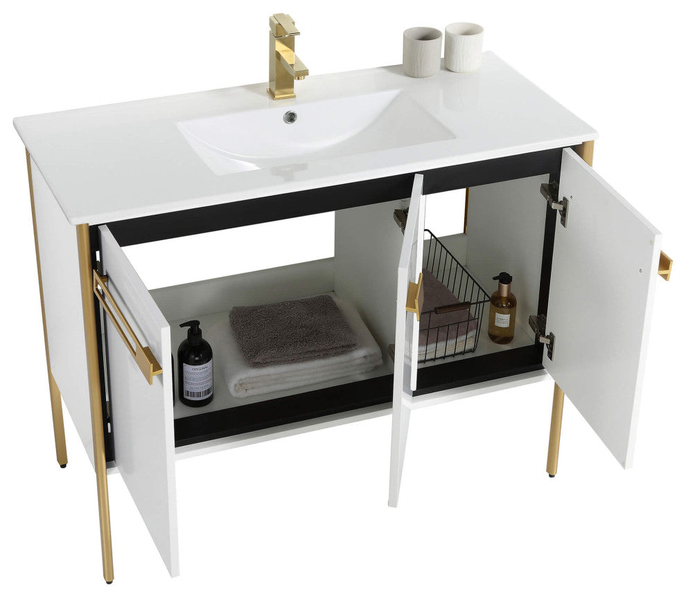 Oakville Bath Vanity, Ceramic Sink, White Matte, 42 Inch, Satin Brass Hardware