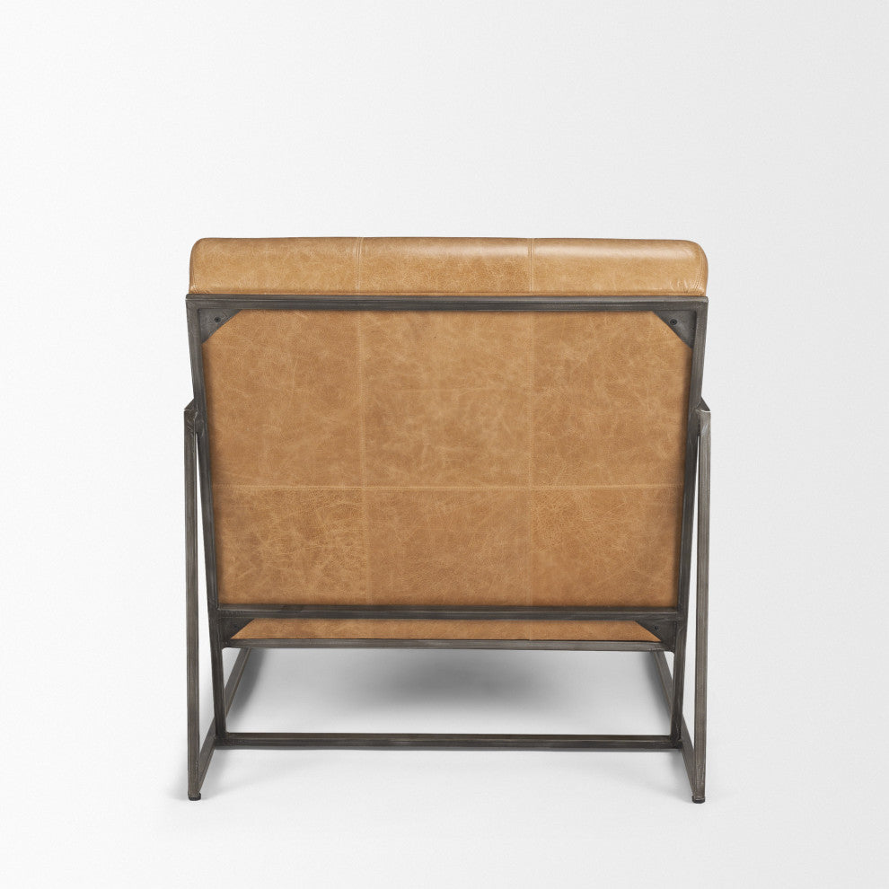 Stratton Gunmetal With Genuine Brown Leather Upholstered Accent Chair
