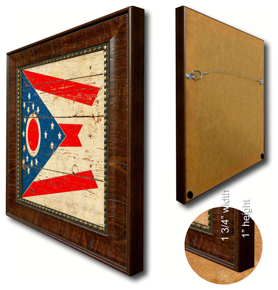 Ohio State Flag State Vintage Flag Print With Brown Gold Frame, 19"X27"