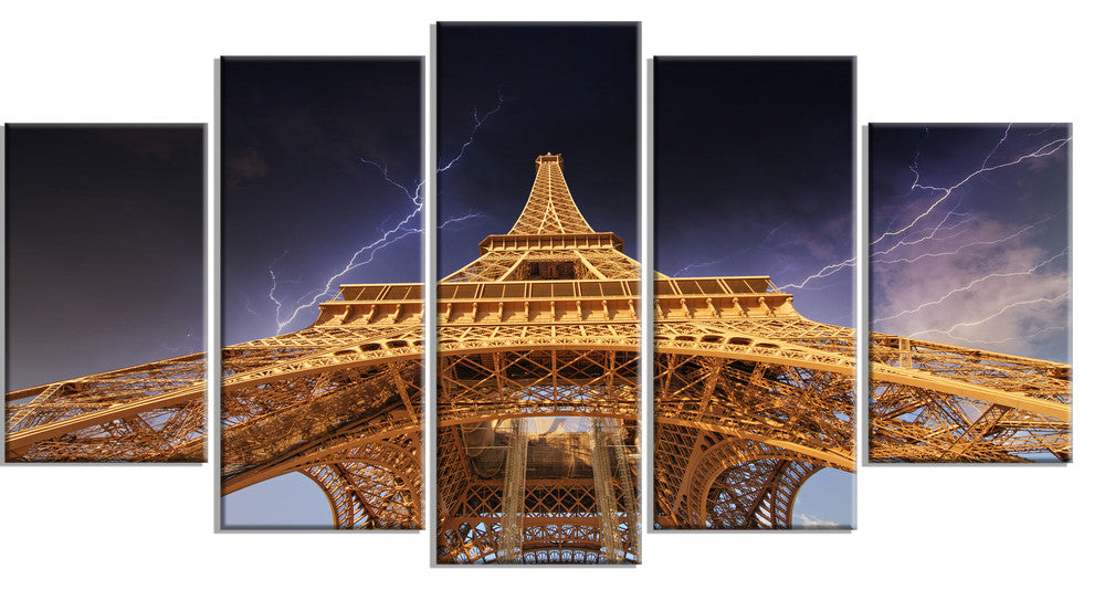 "Storm Above Paris Eiffel Tower in Paris" Cityscape Wall Art, 60"x32", 5-Panels