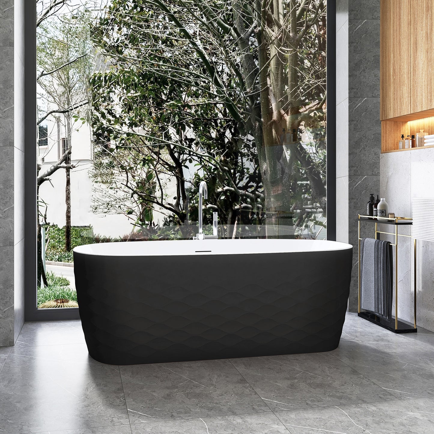 London Freestanding Acrylic Soaking Bathtub, Black, 66.9"l X 31.5"w