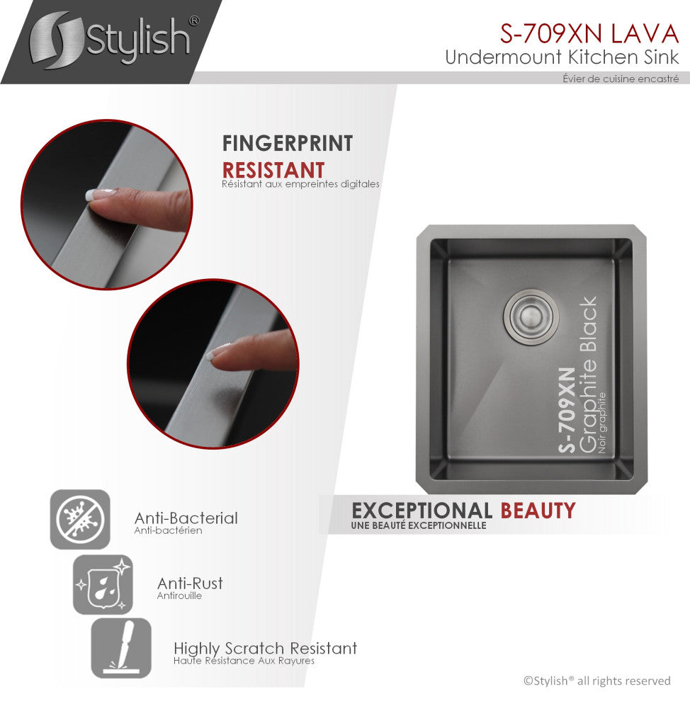 STYLISH 16in Graphite Black Single Bowl Undermount Stainless Steel Kitchen Sink