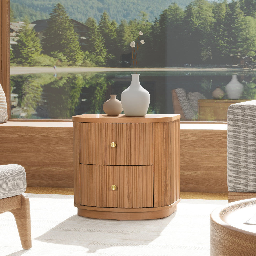 Valentine 24" 2-Drawer Fluted Storage Side Table, Natural Brown Beech Wood
