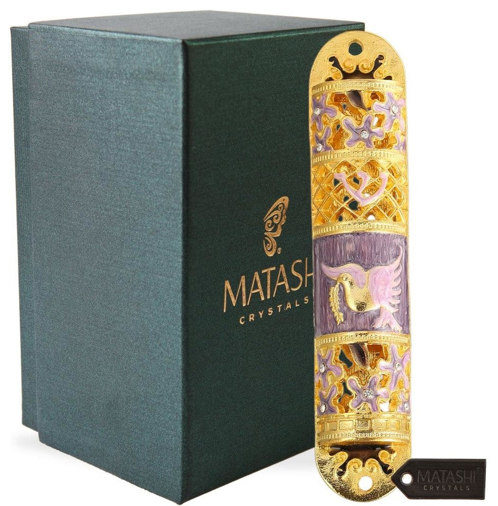 Hand Painted Enamel Mezuzah Embellished With a Floral Design With Gold Accents a