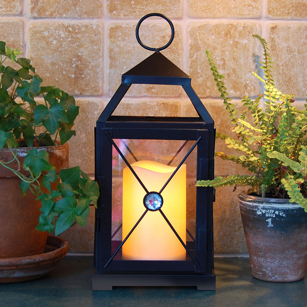 Metal Lantern with Flickering LED Candle, Black Gem