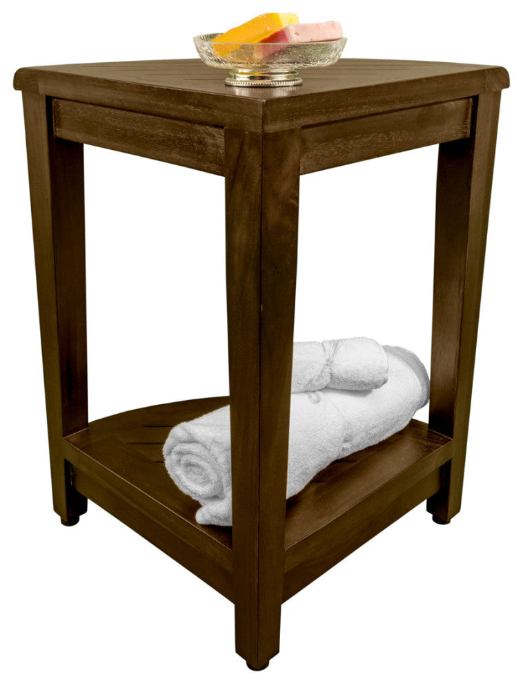 Oasis Teak Corner Shower Stool, Table With Shelf, 16"x18"