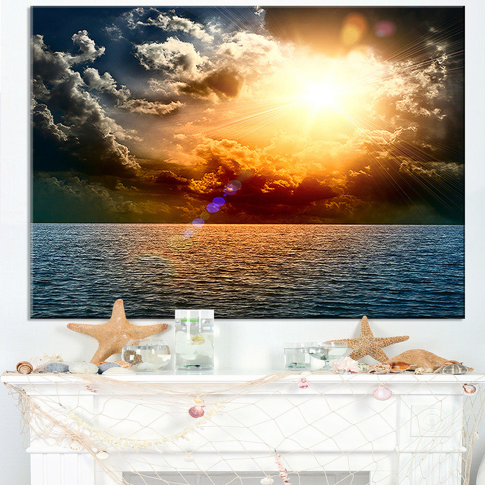 "Yellow Sunset in The Middle of Ocean" Beach Canvas Wall Art, 32"x16"