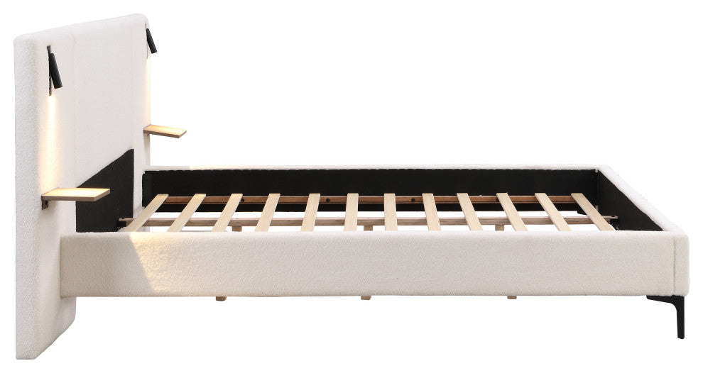 GDF Studio Modern Platform Bed, Built-in Lights & Shelves, White, King