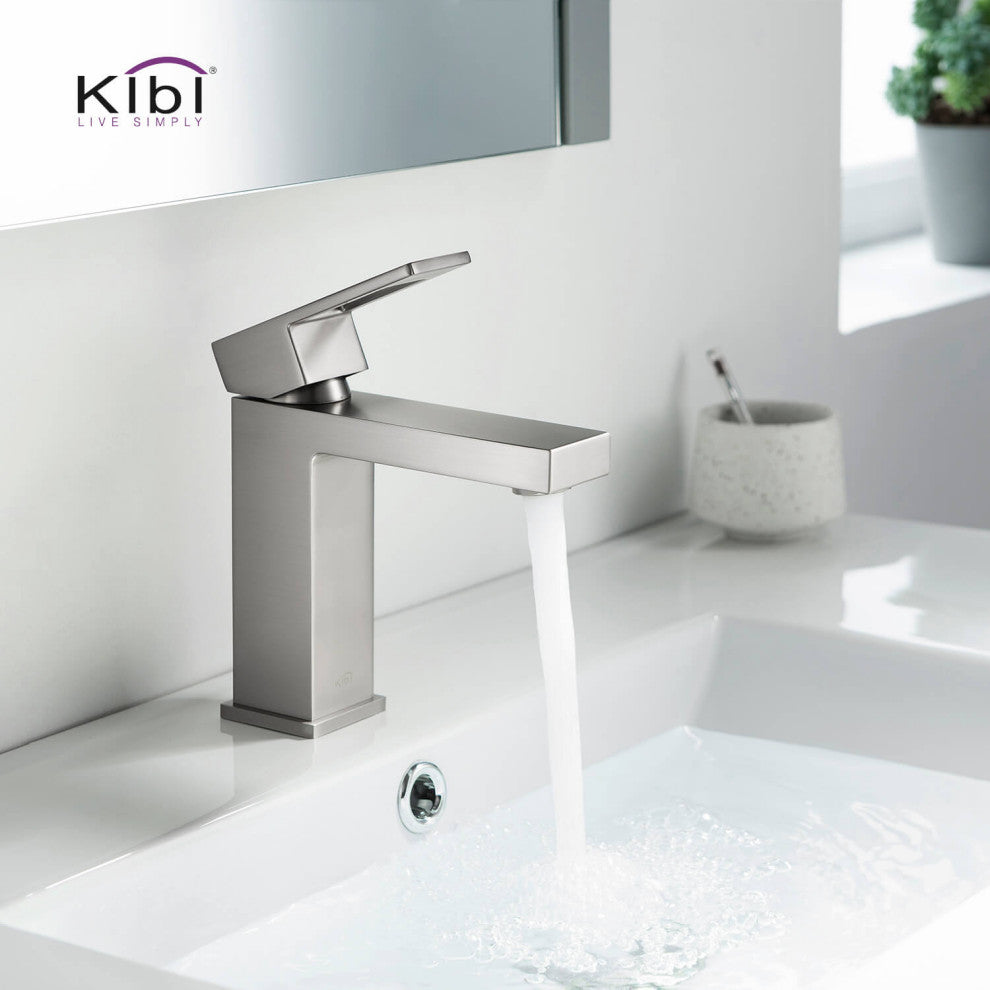 Cubic Single Hole Bathroom Faucet KBF1002, Brush Nickel, W/ Drain