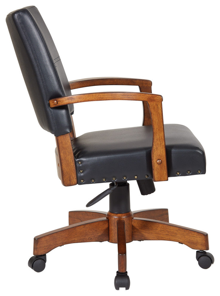 Deluxe Wood Bankers Chair, Black Faux Leather With Antique Bronze Nailheads, Bla
