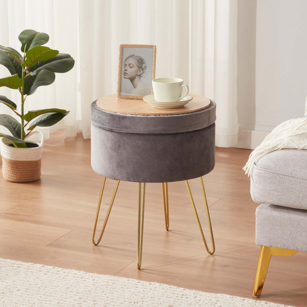 Round Storage Velvet Vanity Stool with Removable Lid, Grey