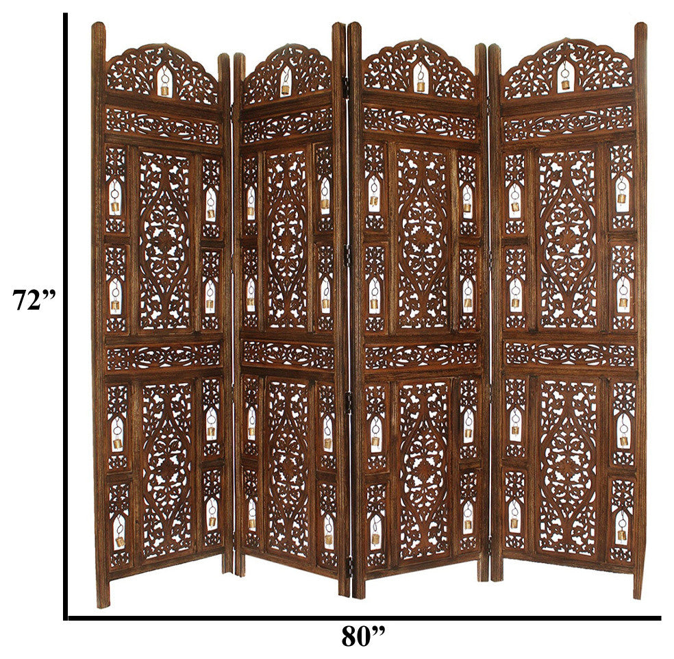 Handcrafted Wooden 4 Panel Room Divider Screen With Tiny Bells -Reversible
