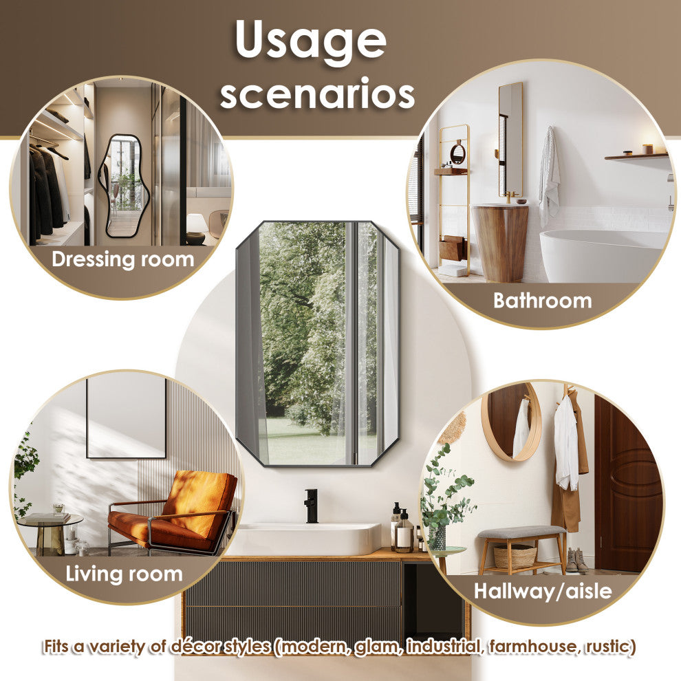 Allure Octagon Framed Bathroom Wall Mirror, Matte Black, 24"
