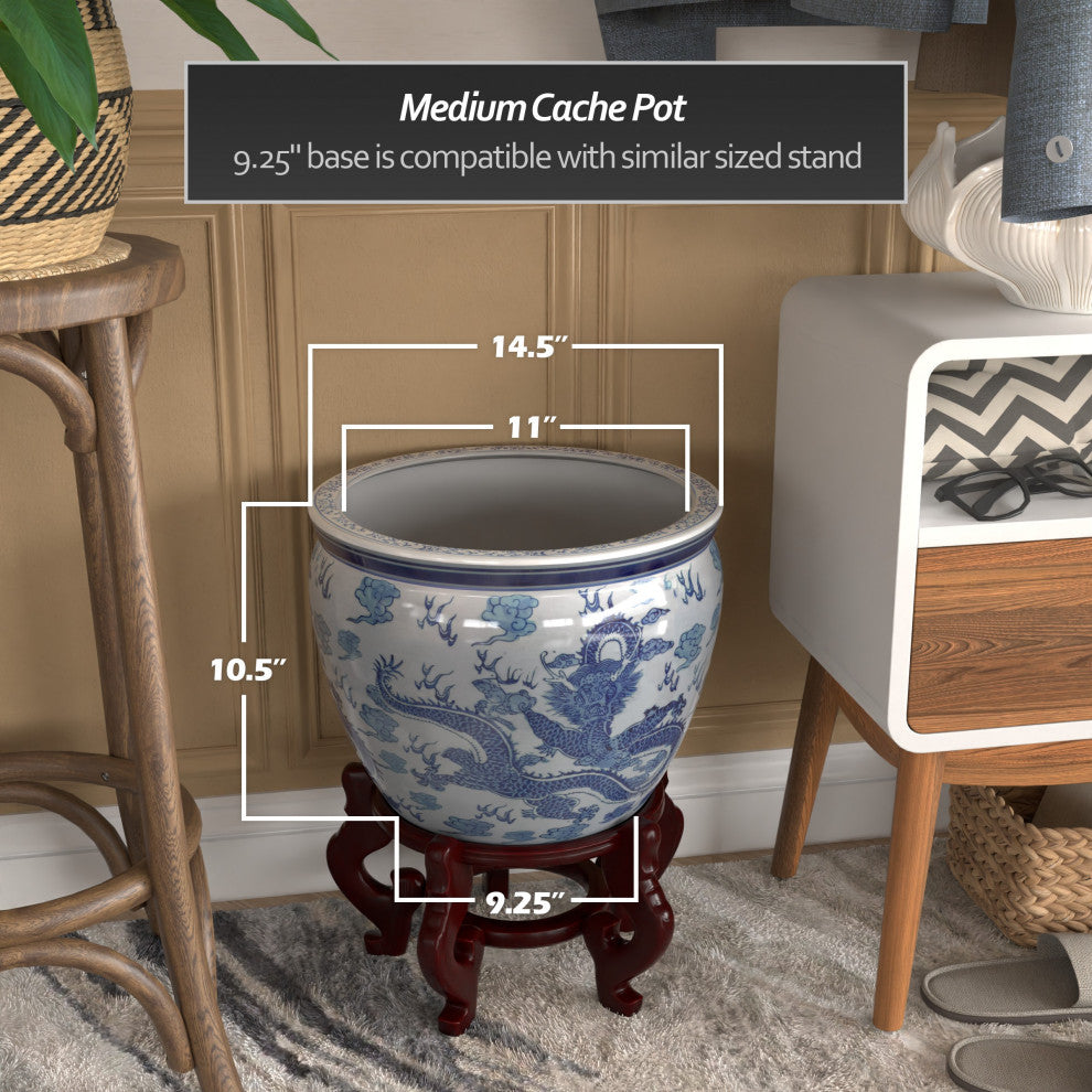 14" Dragon Blue and White Porcelain Fishbowl