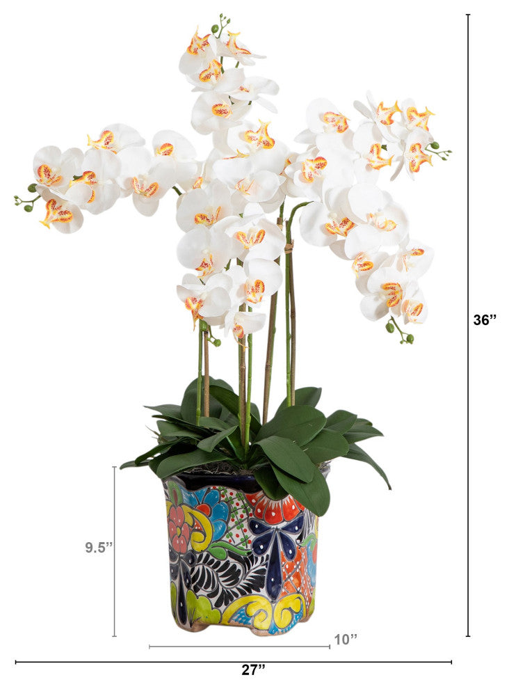 36" Faux Large Orchid Arrangement, Handmade Mexican Talavera Ceramic Planter