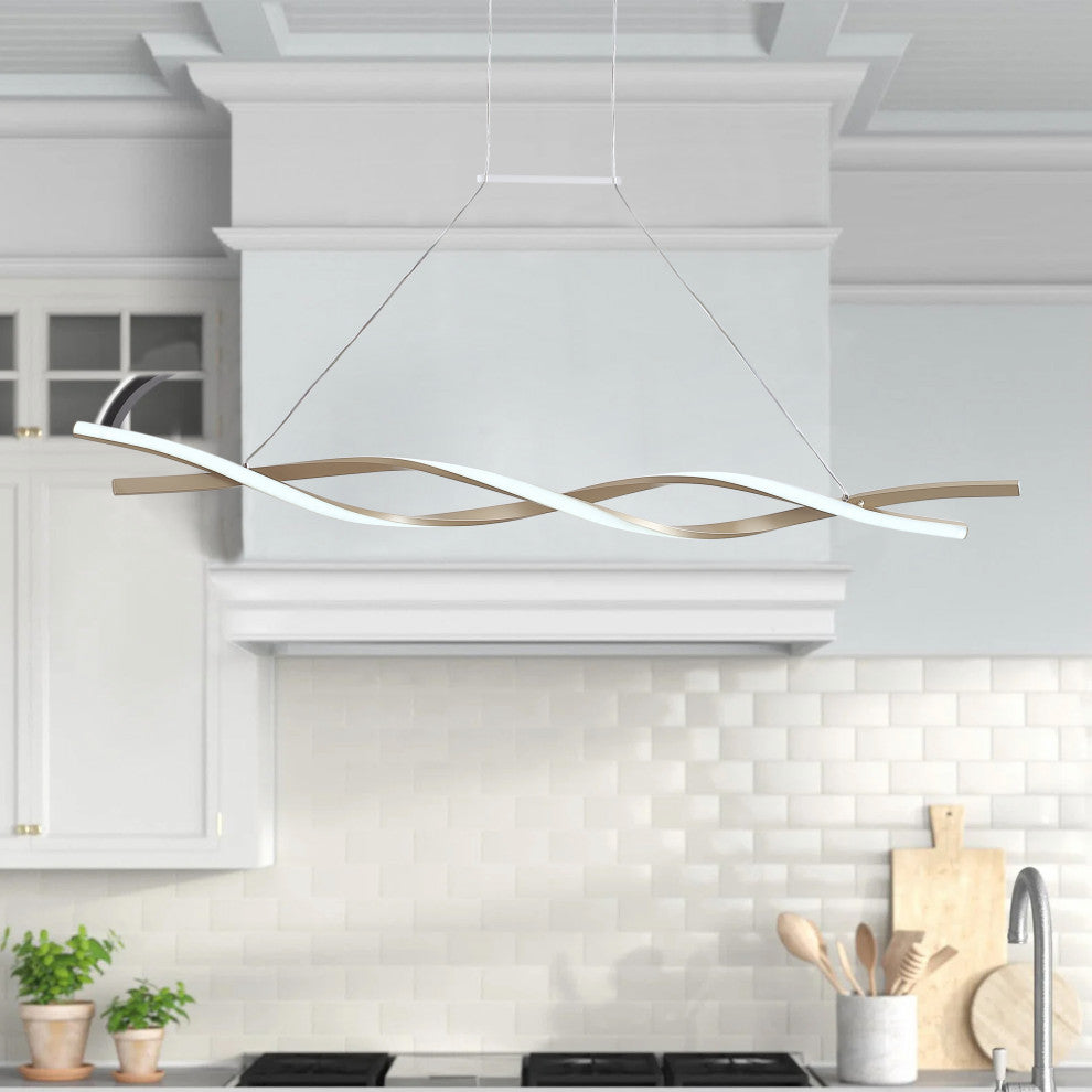 1-Light LED Linear Wavy Pendant Light Chandelier, Gold