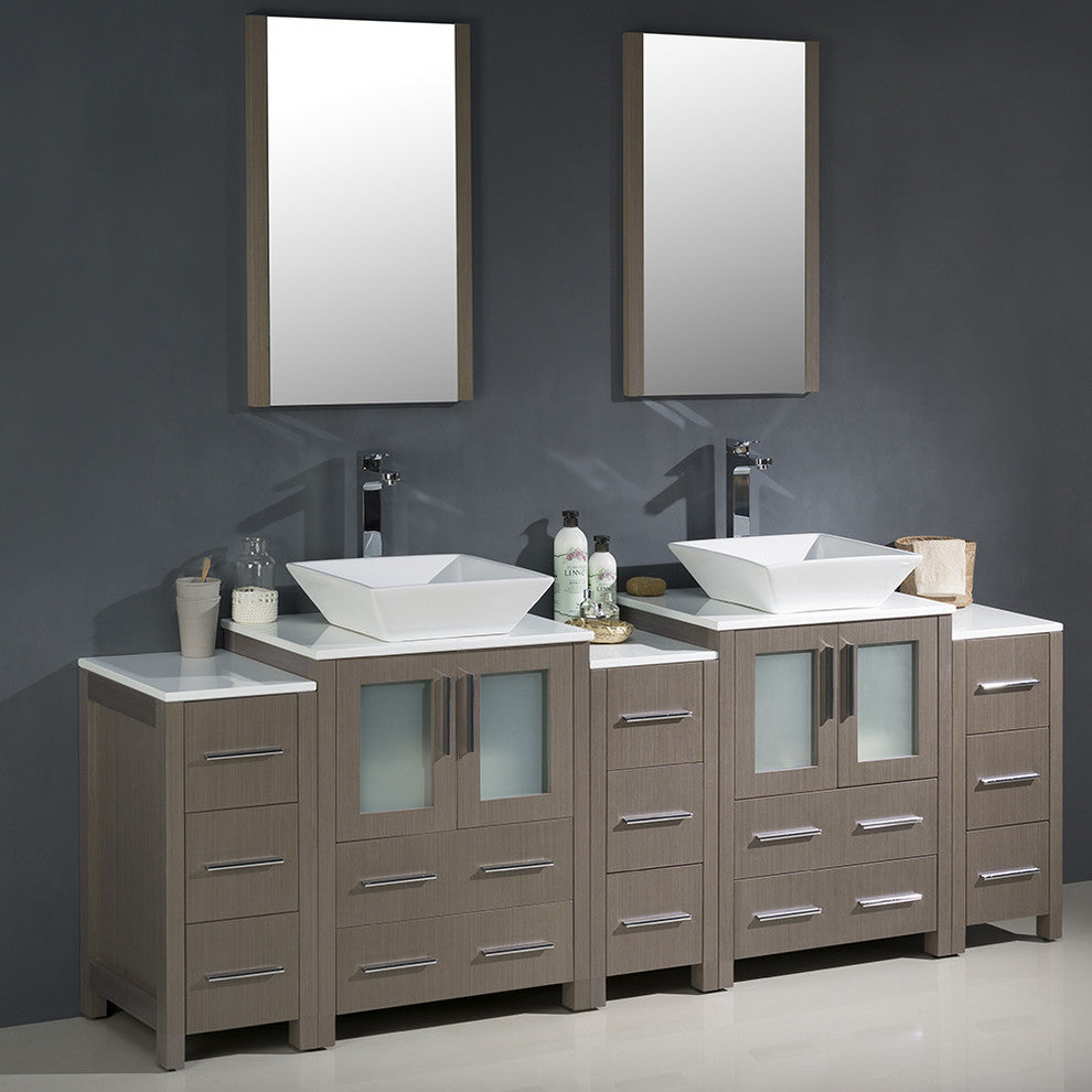 Torino 84" Gray Oak Modern Double Sink Bathroom Vanity, Faucet FFT3072BN