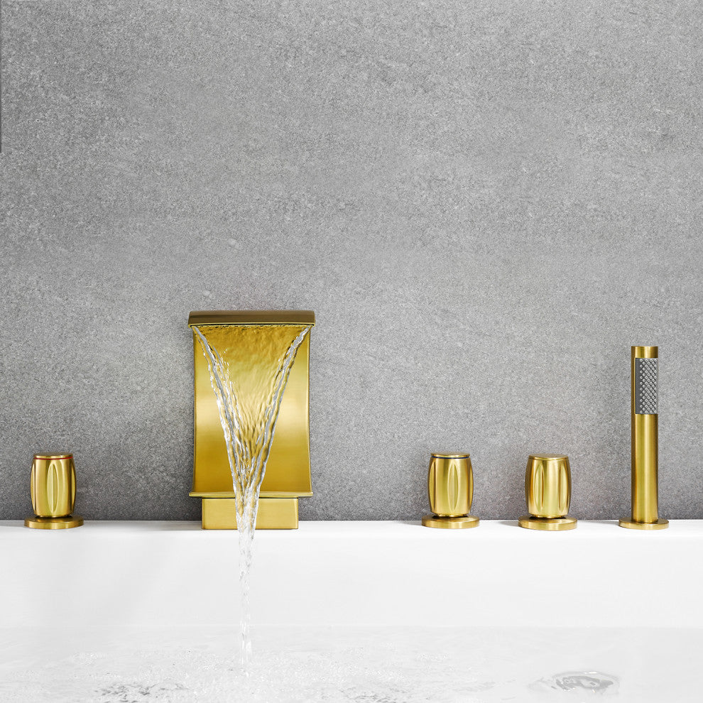 Recea Triple Handle Deck-Mount Roman Tub Faucet With Diverter and Handshower, Brushed Gold