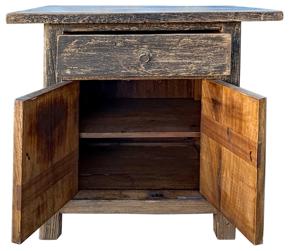 Distressed Rustic Black Rough Grain Wood Side Table Nightstand Cabinet Hws4315