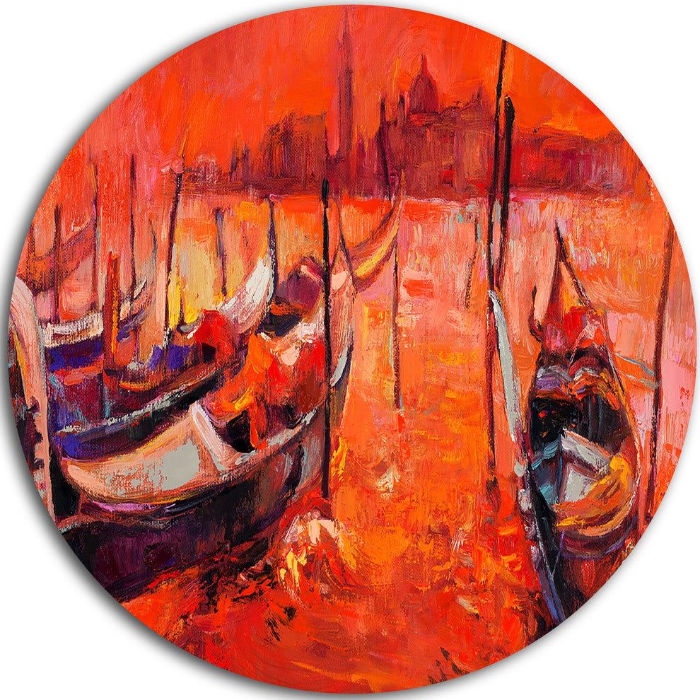 Red Sunset Over Venice, Landscape Painting Disc Metal Artwork, 38"