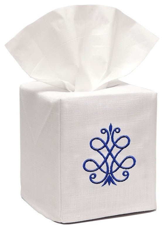 Linen Tissue Box Cover, French Scroll, Cobalt Blue