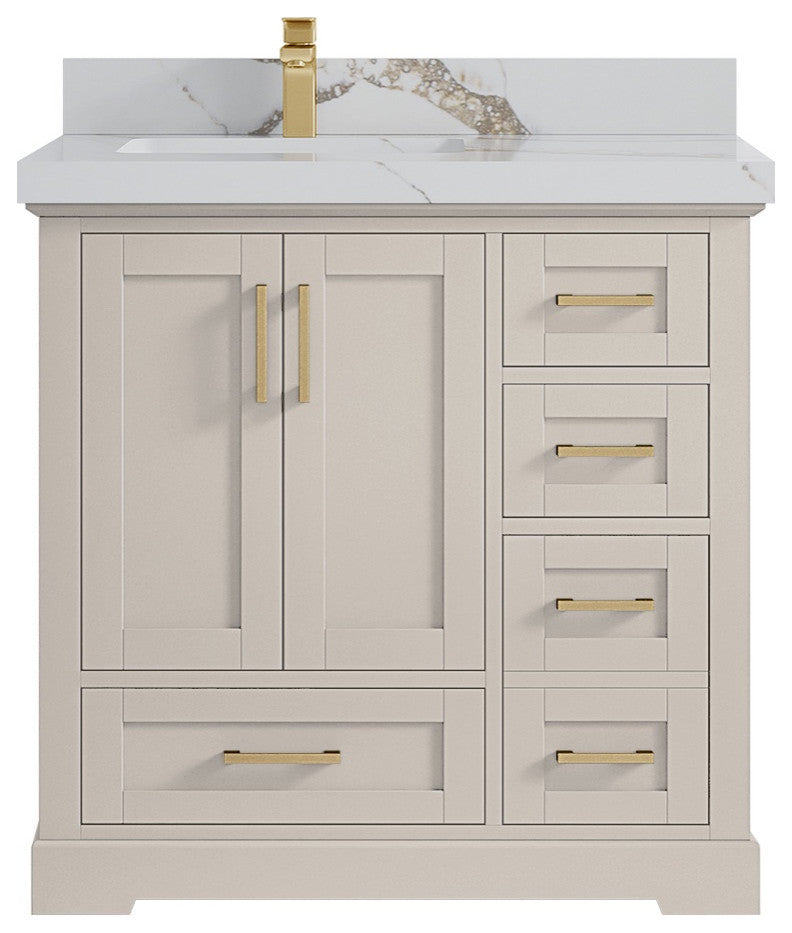 Boston 36" Left Offset Bath Vanity in Fine Grain 2" Calacatta Gold