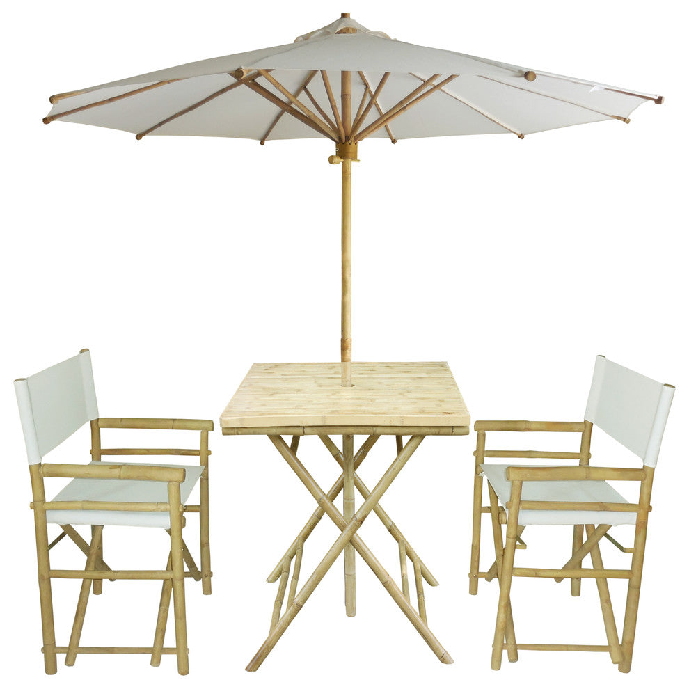 Set of Bamboo Square Table, 2 Director Chair, 1 Umbrealla, White