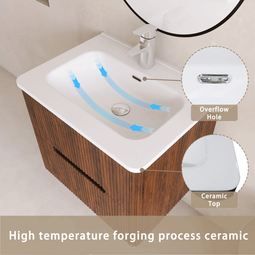 24 inch Wall-Mounted Bathroom Vanity Set with Ceramic Integrated Sink, Walnut