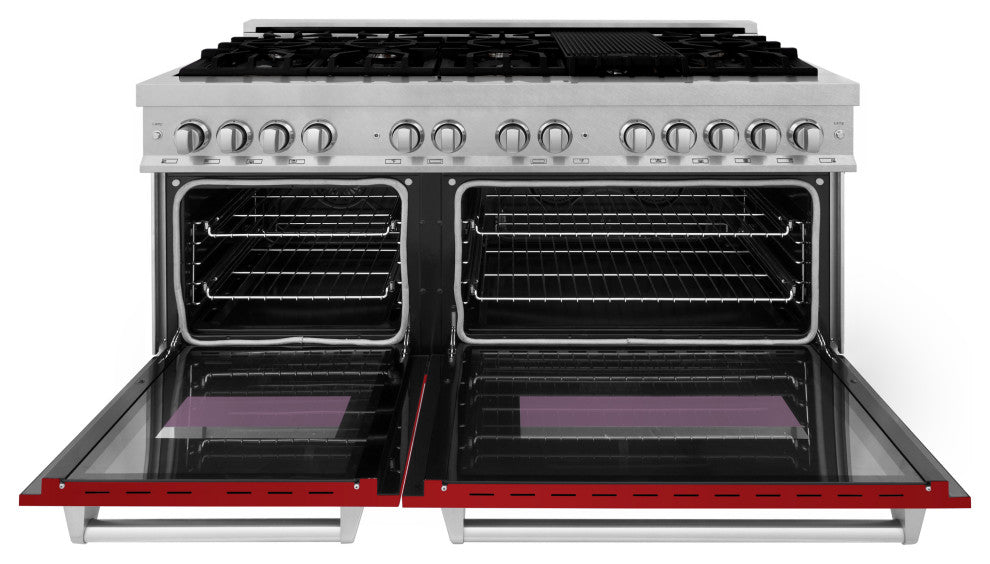 ZLINE 60" Dual Fuel Range, DuraSnow With Red Gloss Door RAS-RG-60