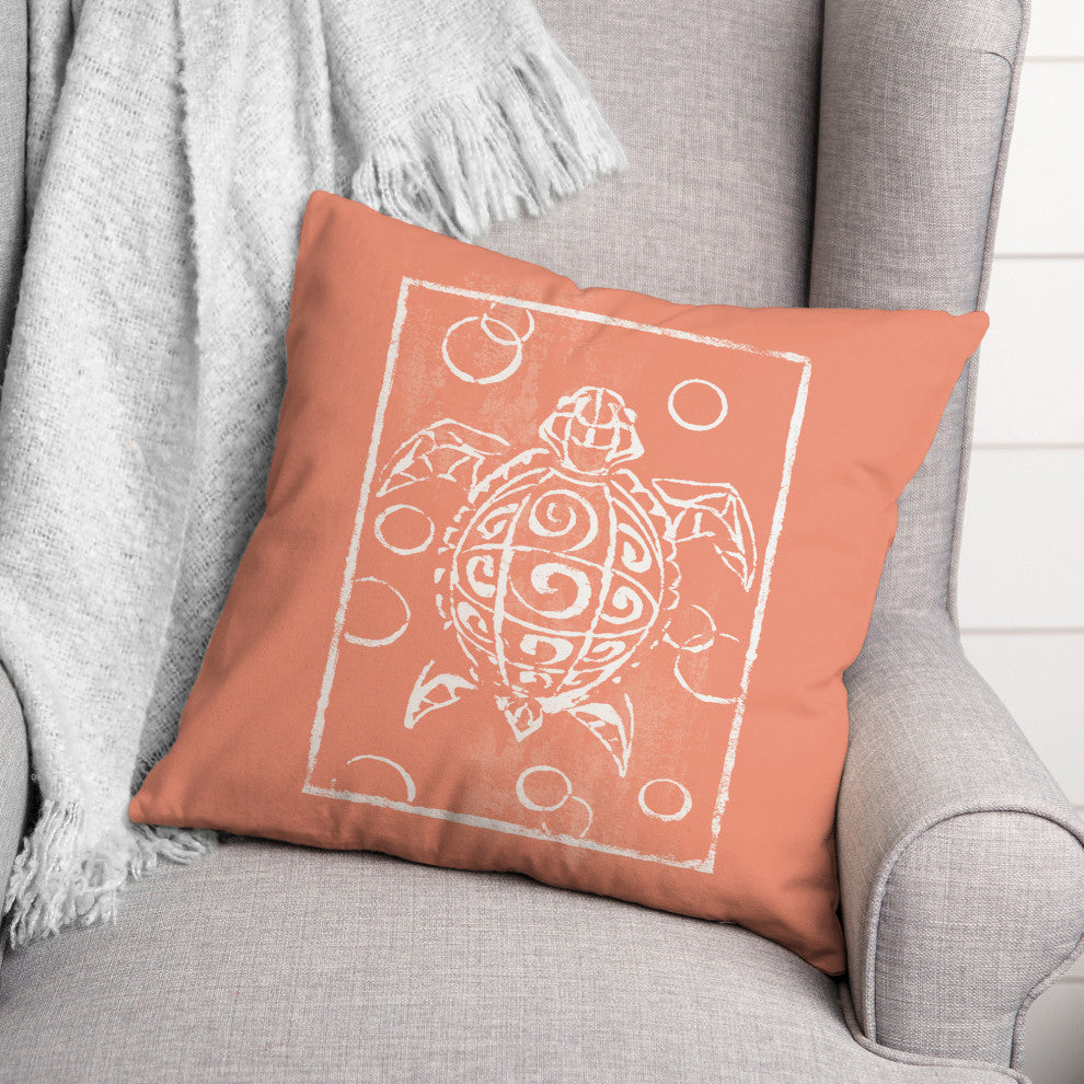 Sea Turtle Stamp Coral 18x18 Pillow