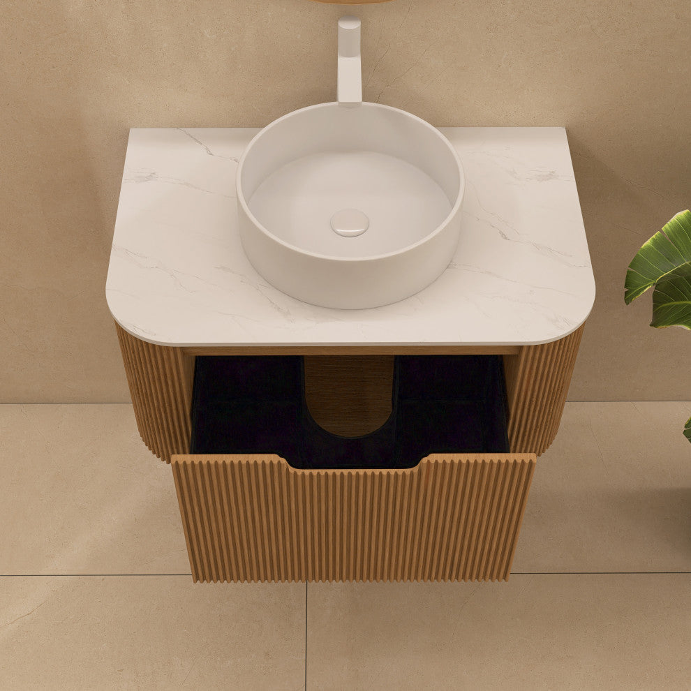 Wall-Mounted Bathroom Vanity With White Round Ceramic Basin, Natural Wood, 30"