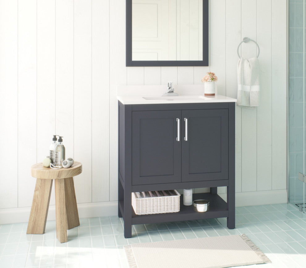 Ove Decors Vegas Single Sink Bathroom Vanity Set With Countertop, White, Dark Charcoal, 30"