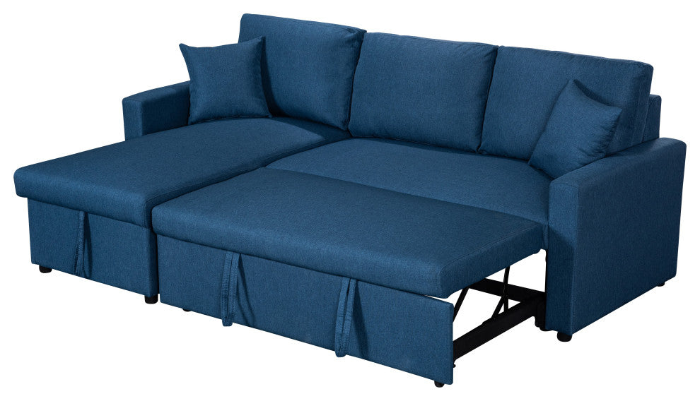 Paisley Linen Reversible Sleeper Sectional Sofa With Storage Chaise, Blue